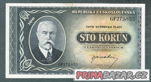 Staré bankovky - 100 kčs 1945 Masaryk , pěkný stav – fotografie 1