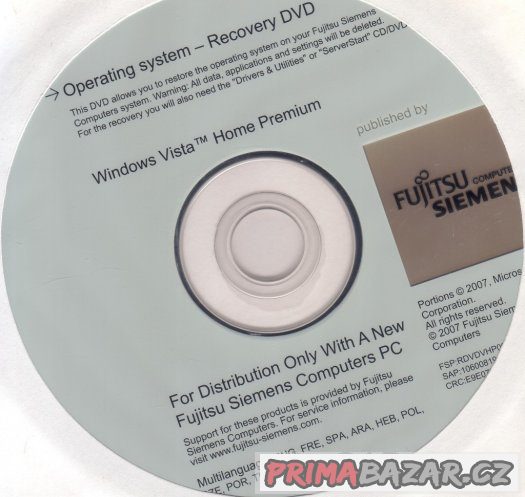 Windows Vista Home Premium Recovery DVD CZ FujitsuSiemens – fotografie 1