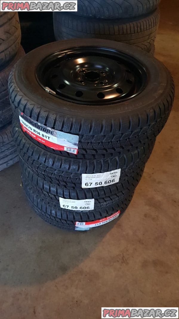 nové nepoužité plechové disky Opel s novou pneu Bridgestone lm20 4x100 5jx14 et45