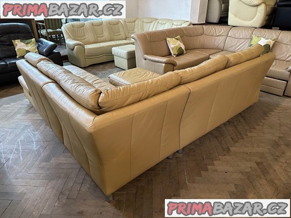 358 Kožená rohová sedací souprava sedačka + taburet béžová – fotografie 3