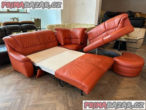 555 Kožená rohová sedací souprava sedačka tvar U rozkládací cihlová – fotografie 5